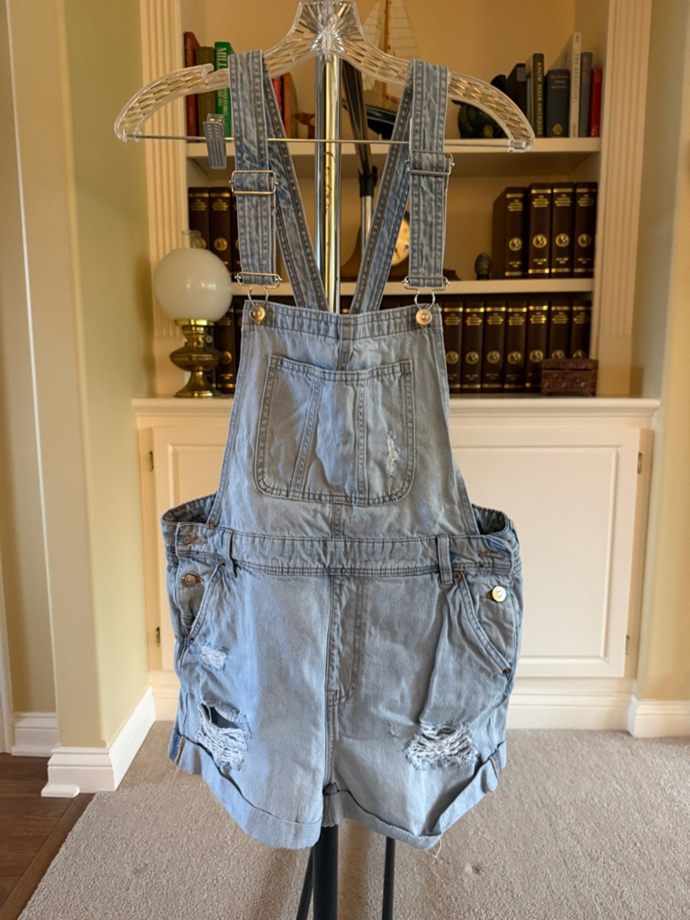 H&M distressed light-wash denim overalls